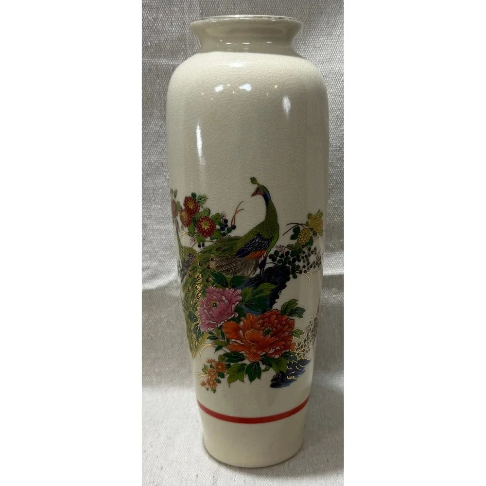 Vintage Japanese Satsuma Peacock Floral Vase 10 Inch Crackle Glaze Chinoiserie